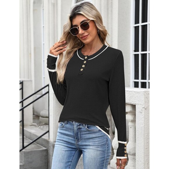 Women's Knit Sweater Long Sleeve Crew Neck Button Closure Casual Tops - Picture 4 of 5